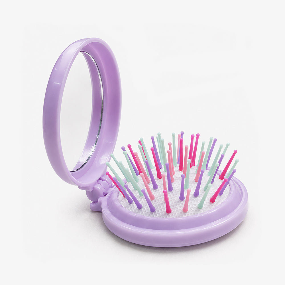 Lavender folding hair brush with built-in mirror and multicolored bristles arranged in a circular pattern