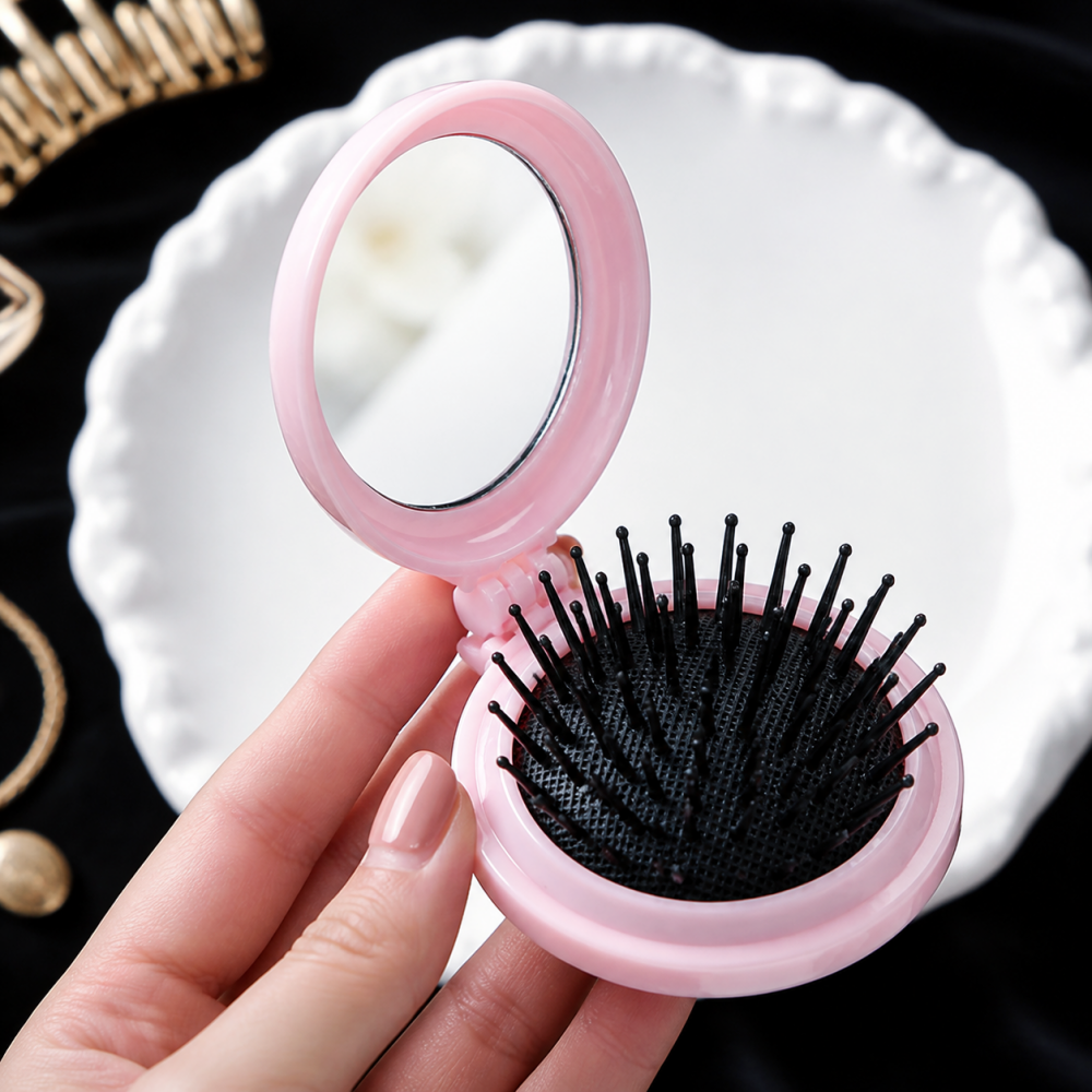 Pink folding hair brush with built-in mirror, black bristles, and rounded compact design