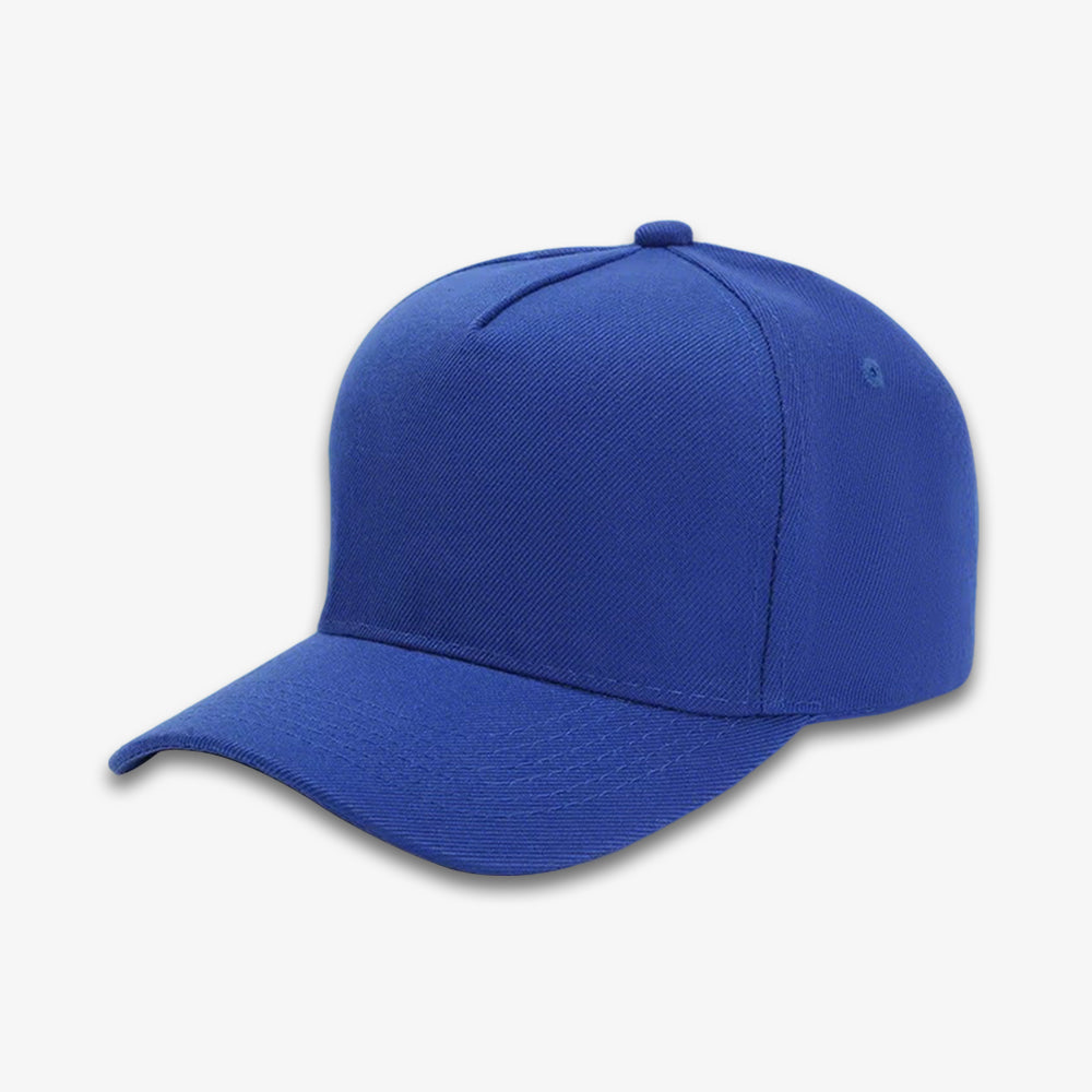 Classic five-panel baseball cap in solid royal blue with structured crown and curved brim
