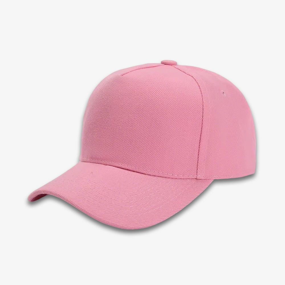 Pink five-panel baseball cap with structured crown, curved brim, and stitched seams