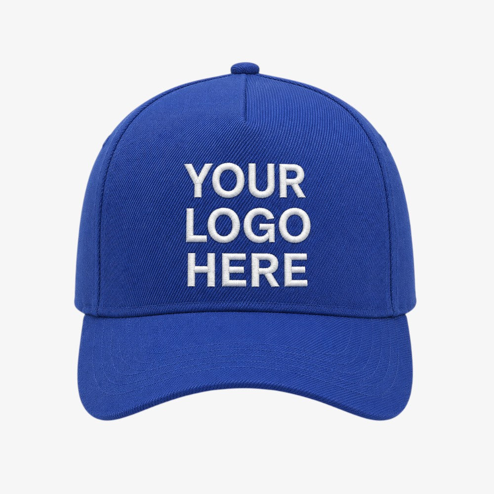Classic blue five-panel baseball cap with structured crown and curved brim
