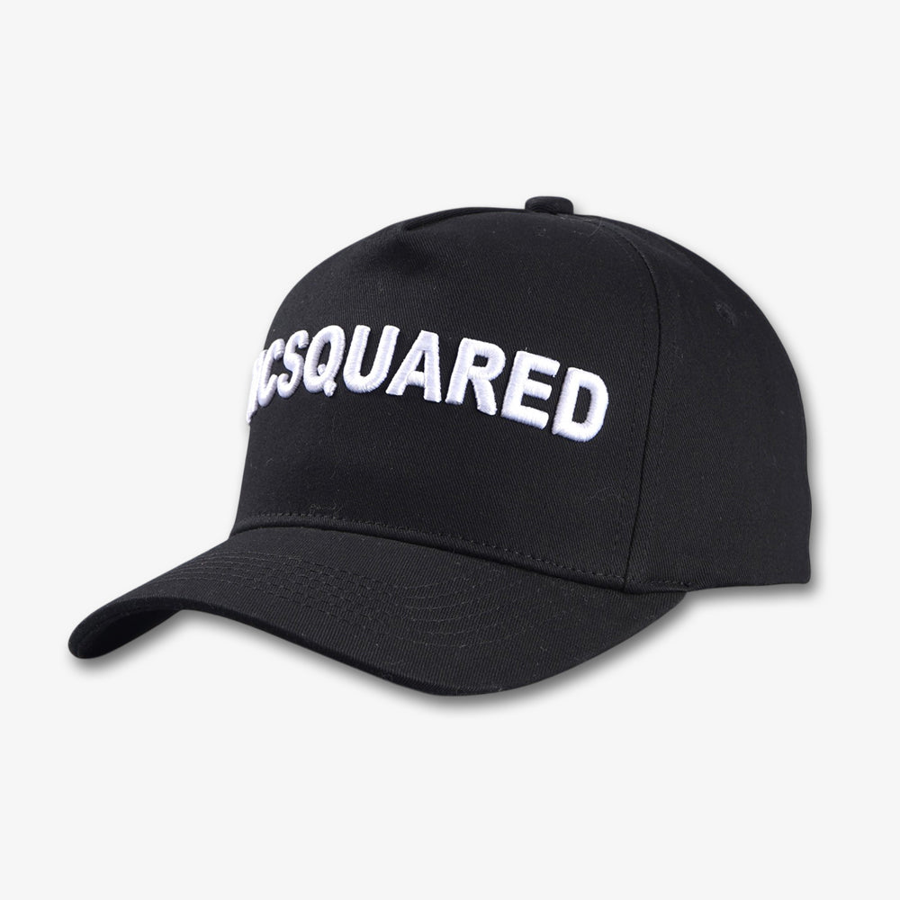Black five-panel baseball cap with white raised embroidery across the front and a curved brim