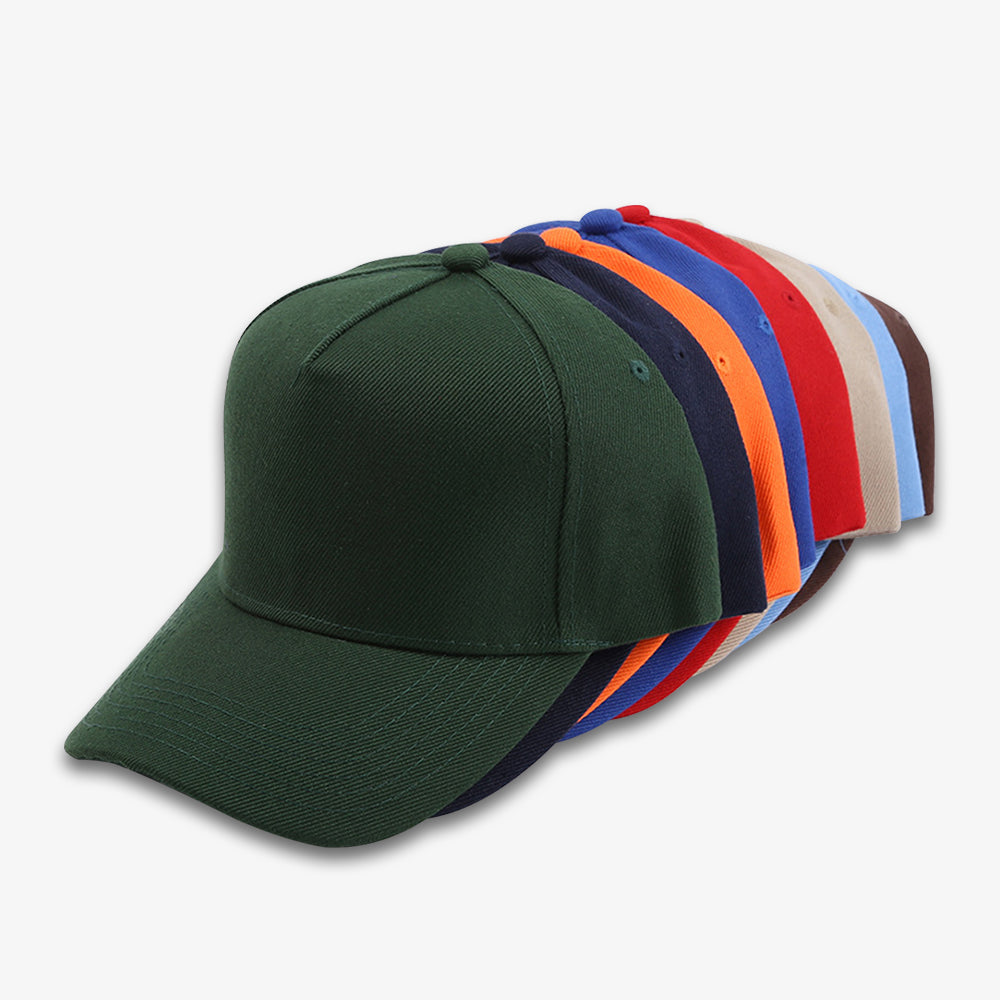 Classic five-panel baseball cap in dark green with structured crown and curved brim, shown alongside multiple solid color options