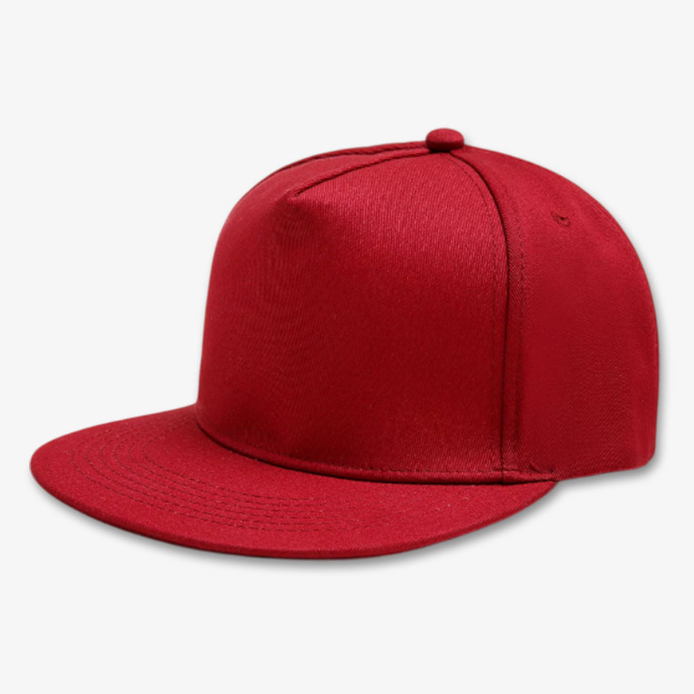 Red five-panel snapback cap with flat brim and structured crown