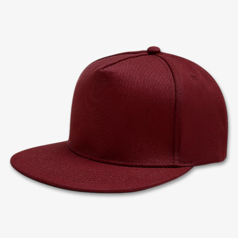 Maroon five-panel snapback cap with flat brim and structured crown