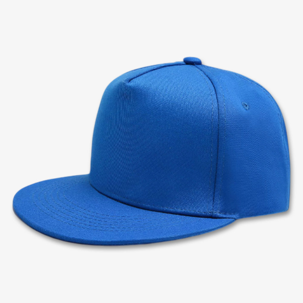 Vibrant blue snapback cap with flat brim, five-panel construction, and stitched eyelets