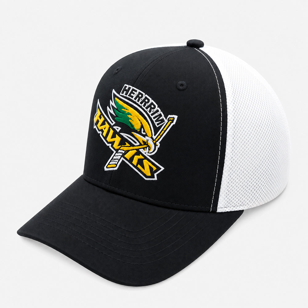 Black and white six-panel baseball cap with mesh back, curved brim, and embroidered front design