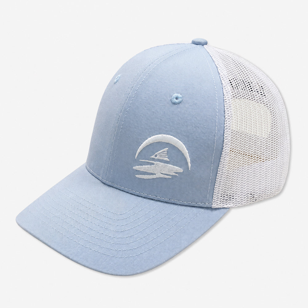 Light blue six-panel baseball cap with white mesh back and embroidered wave design