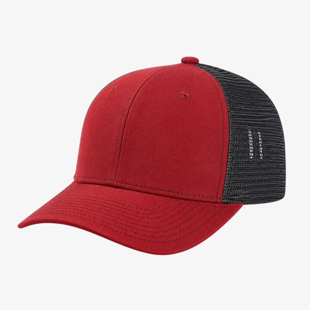 Red six-panel baseball cap with black mesh back and stitched curved brim