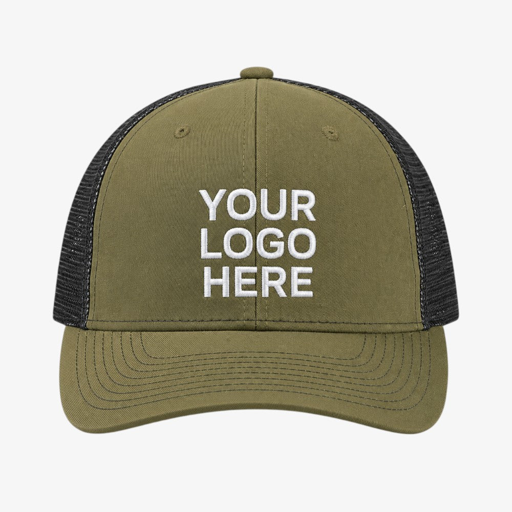 Olive green six-panel baseball cap with black mesh back and stitched curved brim
