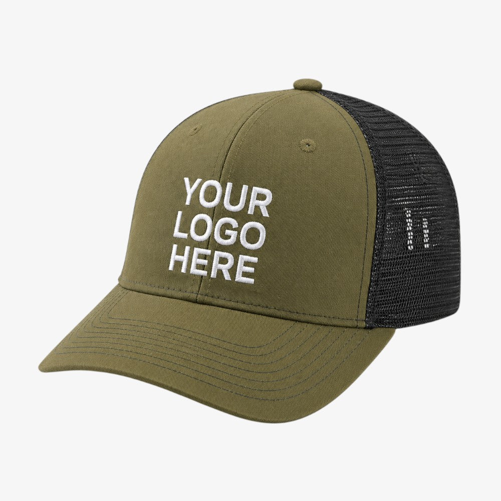 Olive green six-panel baseball cap with black mesh back and stitched brim