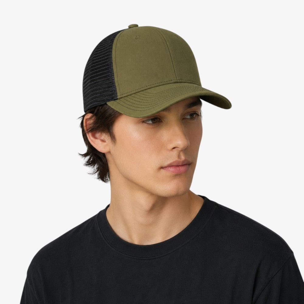 Olive green six-panel baseball cap with black mesh back and curved brim