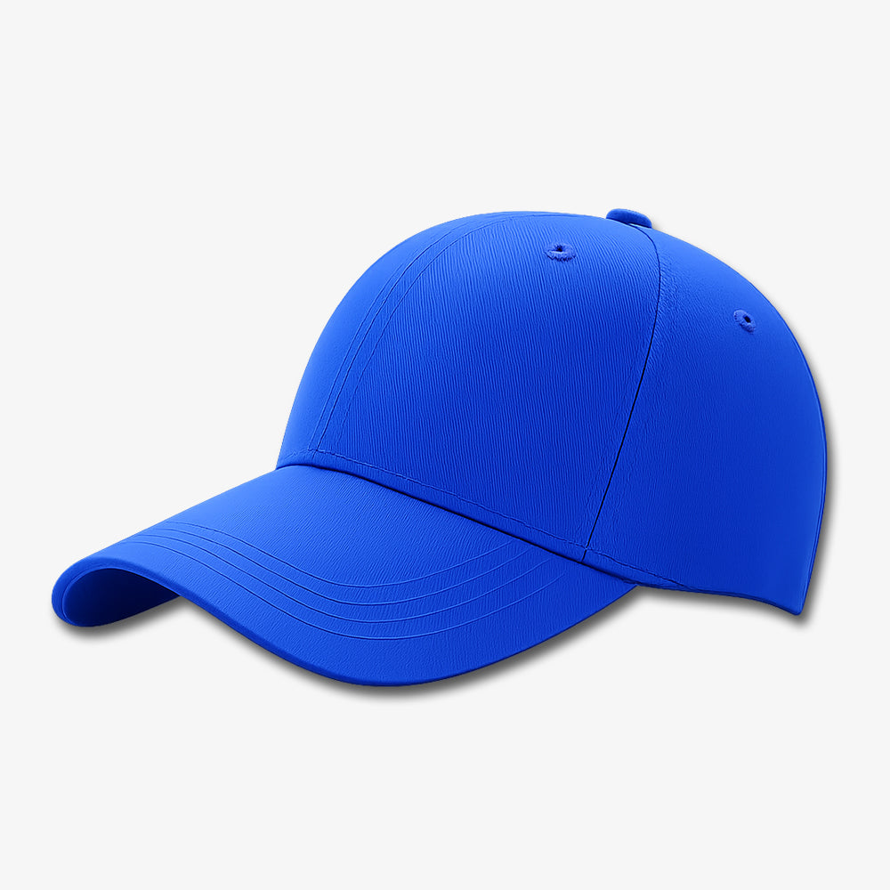 Vibrant blue six-panel baseball cap with structured crown, curved brim, and visible stitching details