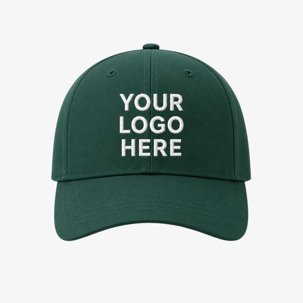 Dark green six-panel baseball cap with structured crown, curved brim, and visible stitching details