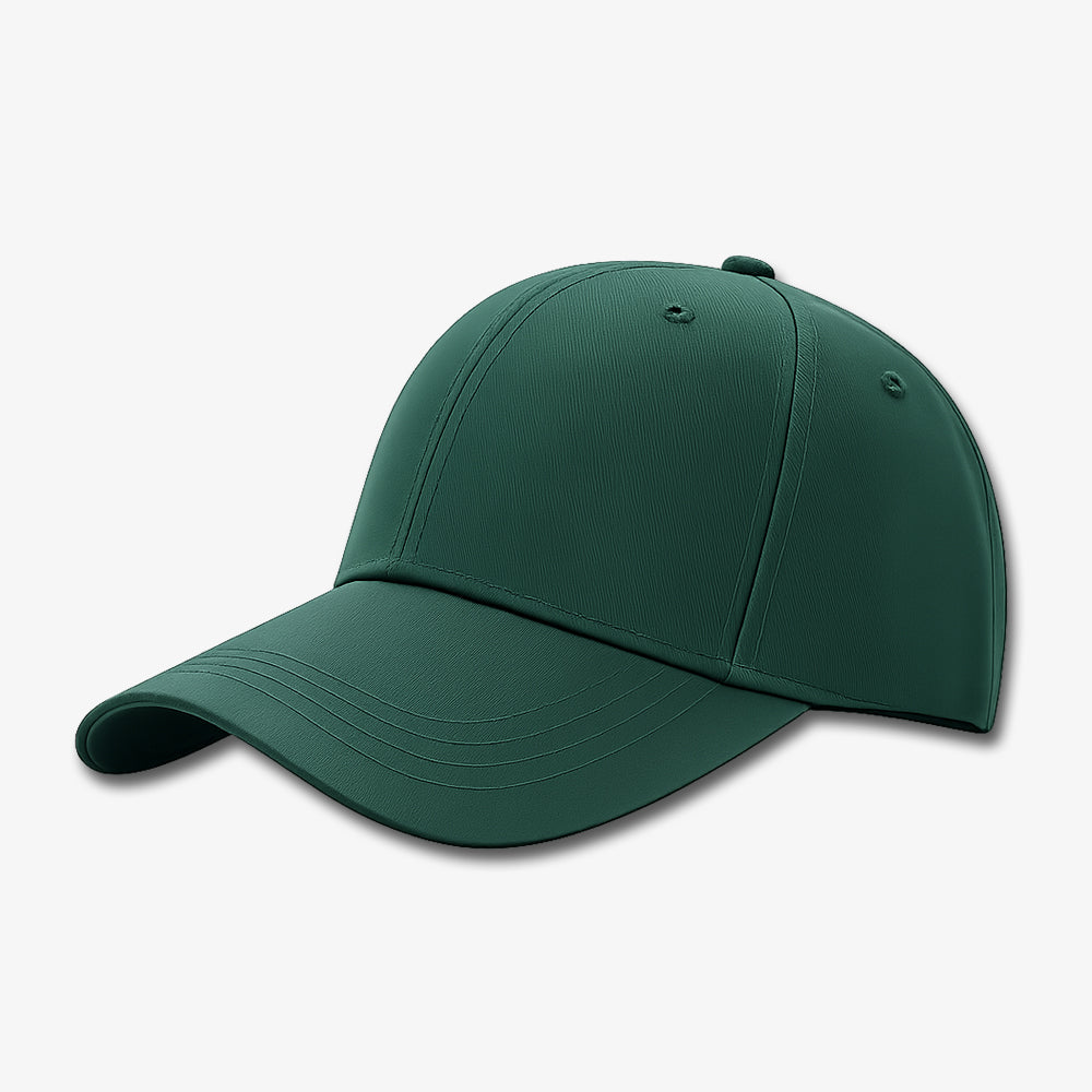 Dark green six-panel baseball cap with structured crown, curved brim, and stitched ventilation eyelets