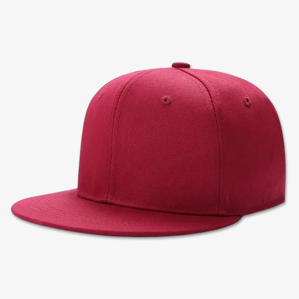 Red six-panel snapback cap with flat brim and stitched eyelets