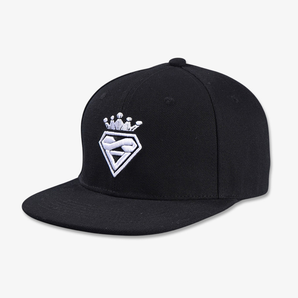 Black six-panel snapback cap with flat brim and white embroidered shield-and-crown design