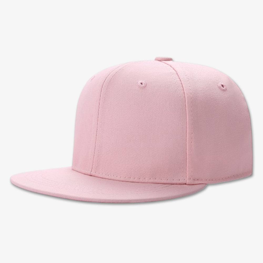 Pink six-panel snapback cap with flat brim, stitched eyelets, and structured crown
