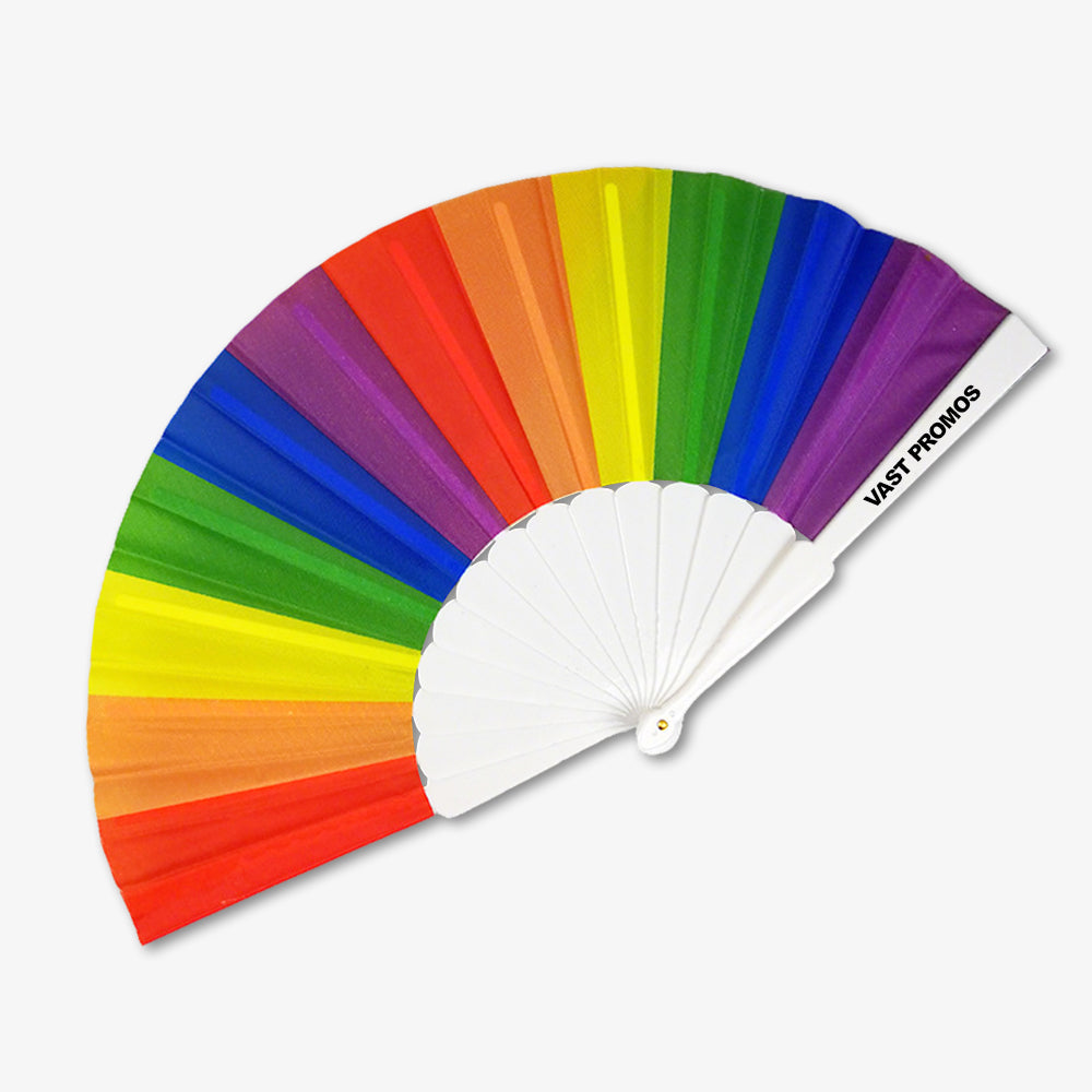 9-Inch Fabric Folding Hand Fans with vibrant rainbow fabric, white plastic ribs, custom printed brand logo