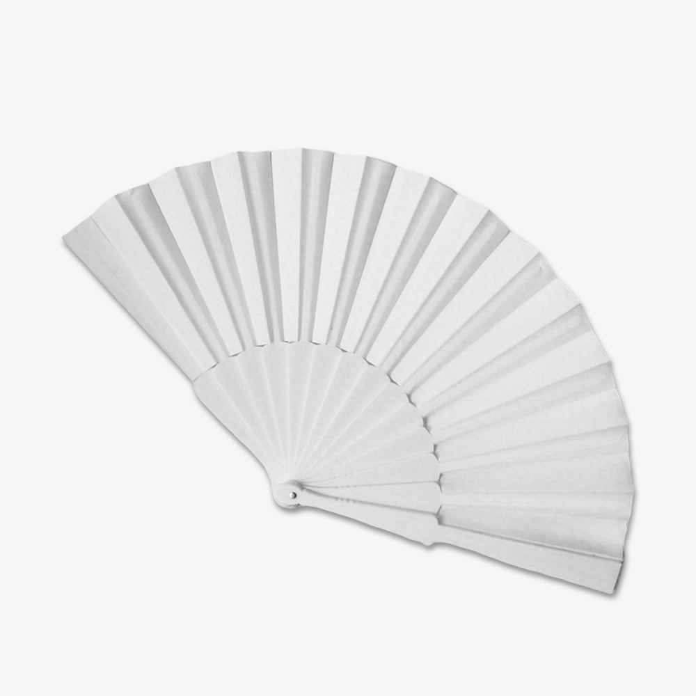 9-Inch plain white fabric folding hand fan, fully spread against a light neutral background