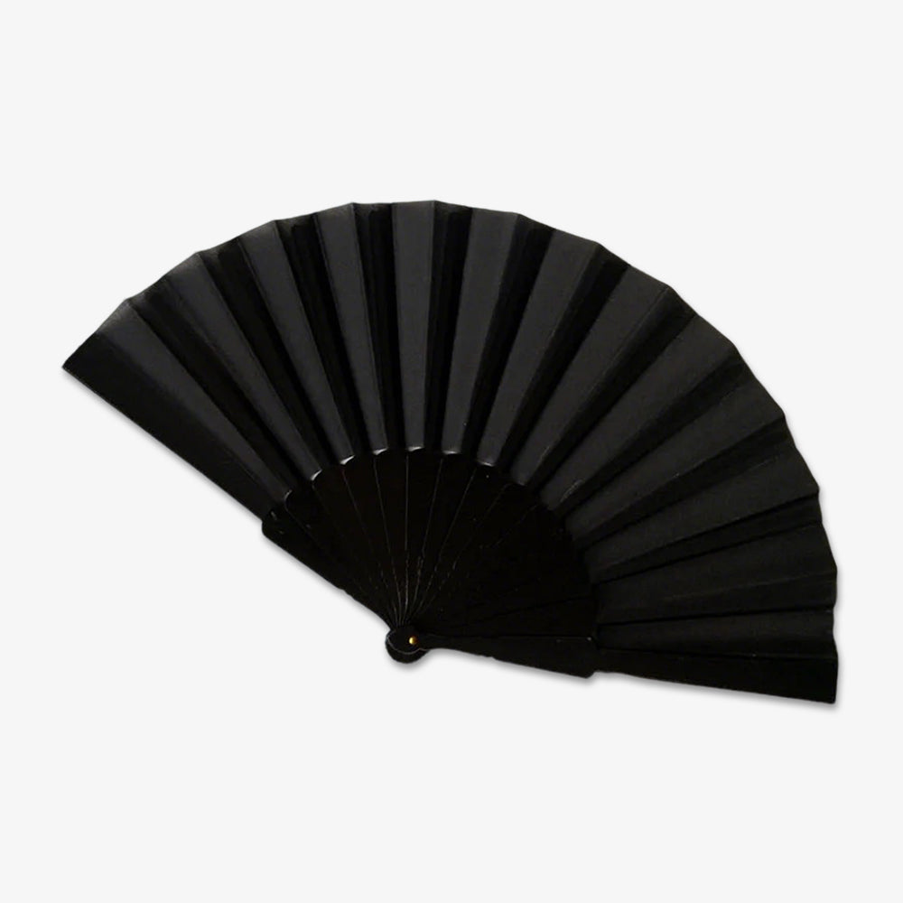 9-Inch all-black fabric folding hand fan, fully opened against plain white background