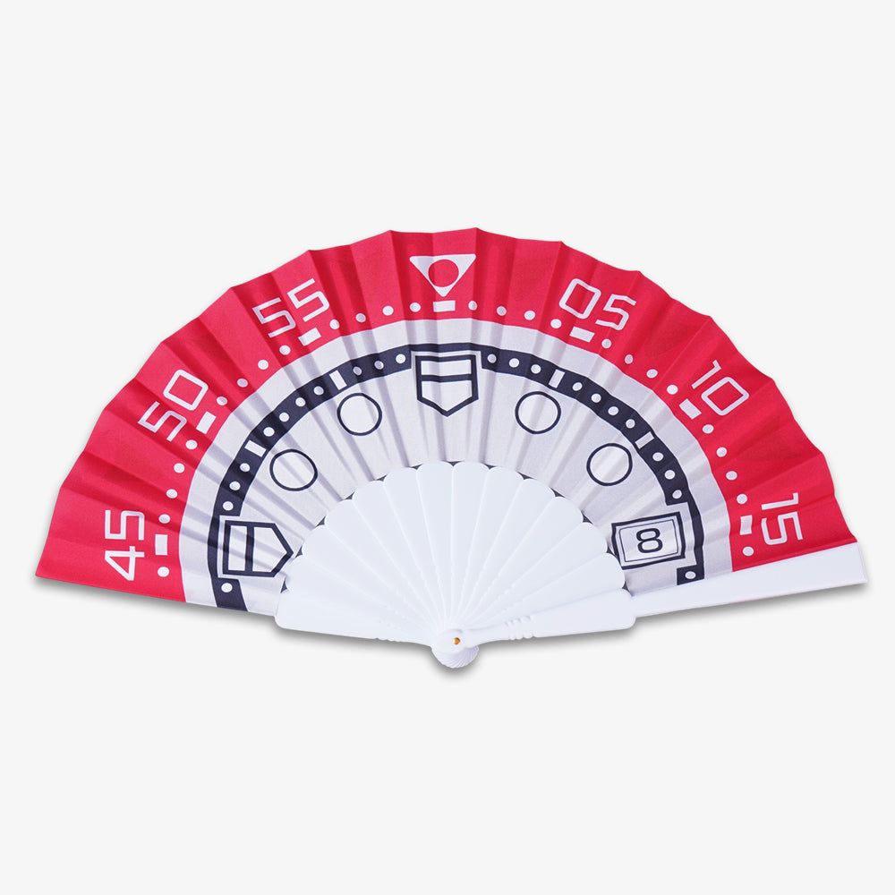 9-Inch Fabric Folding Hand Fan with red white racing dial print, white plastic ribs, fully expanded on plain white background