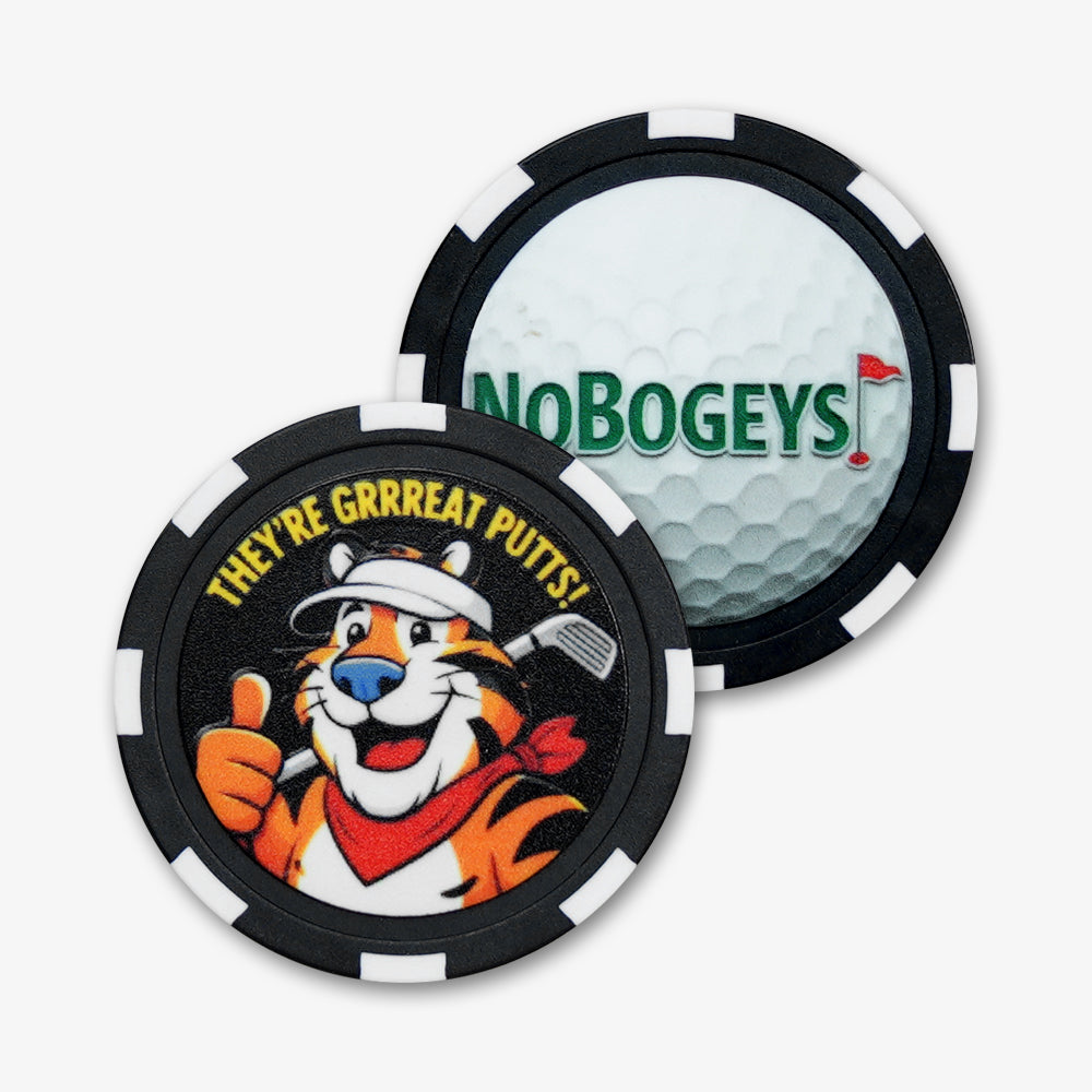 ABS plastic poker chips, black with white edges, printed with fun golf-themed cartoon tiger and No Bogeys designs