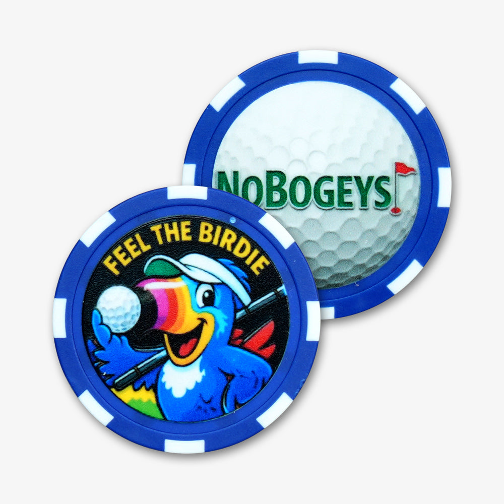 ABS Plastic Poker Chips, blue with white notches, double-sided fun golf themed custom prints