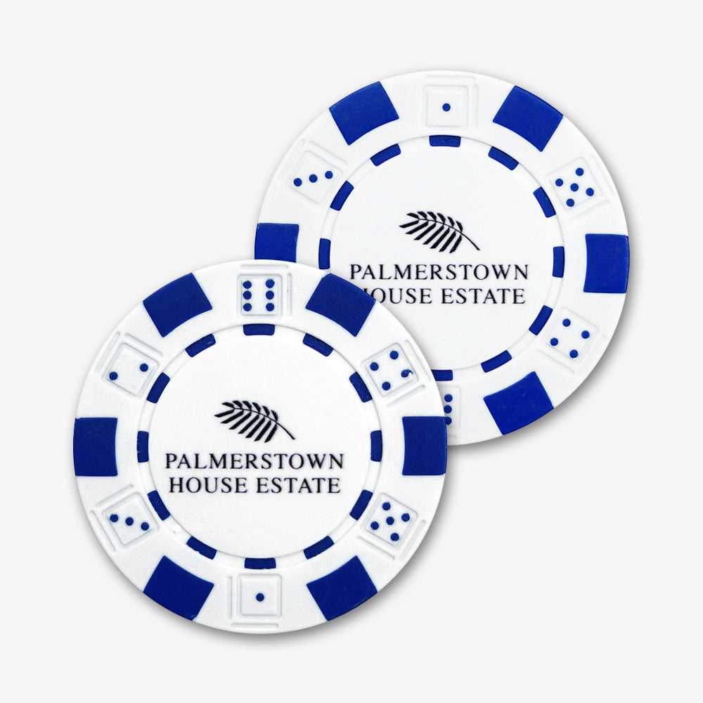 Two custom printed ABS plastic poker chips, white with blue dice accents and Palmerstown House Estate logo