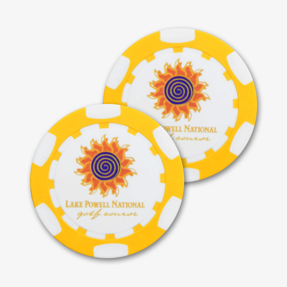 ABS plastic poker chips, yellow and white, printed with custom Lake Powell golf course sun logo