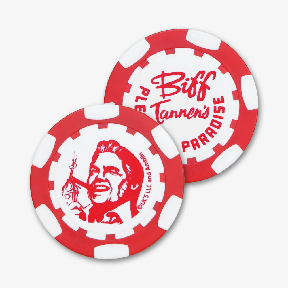Red and white custom printed ABS plastic poker chips with Biff Tannen's Paradise themed artwork on both sides