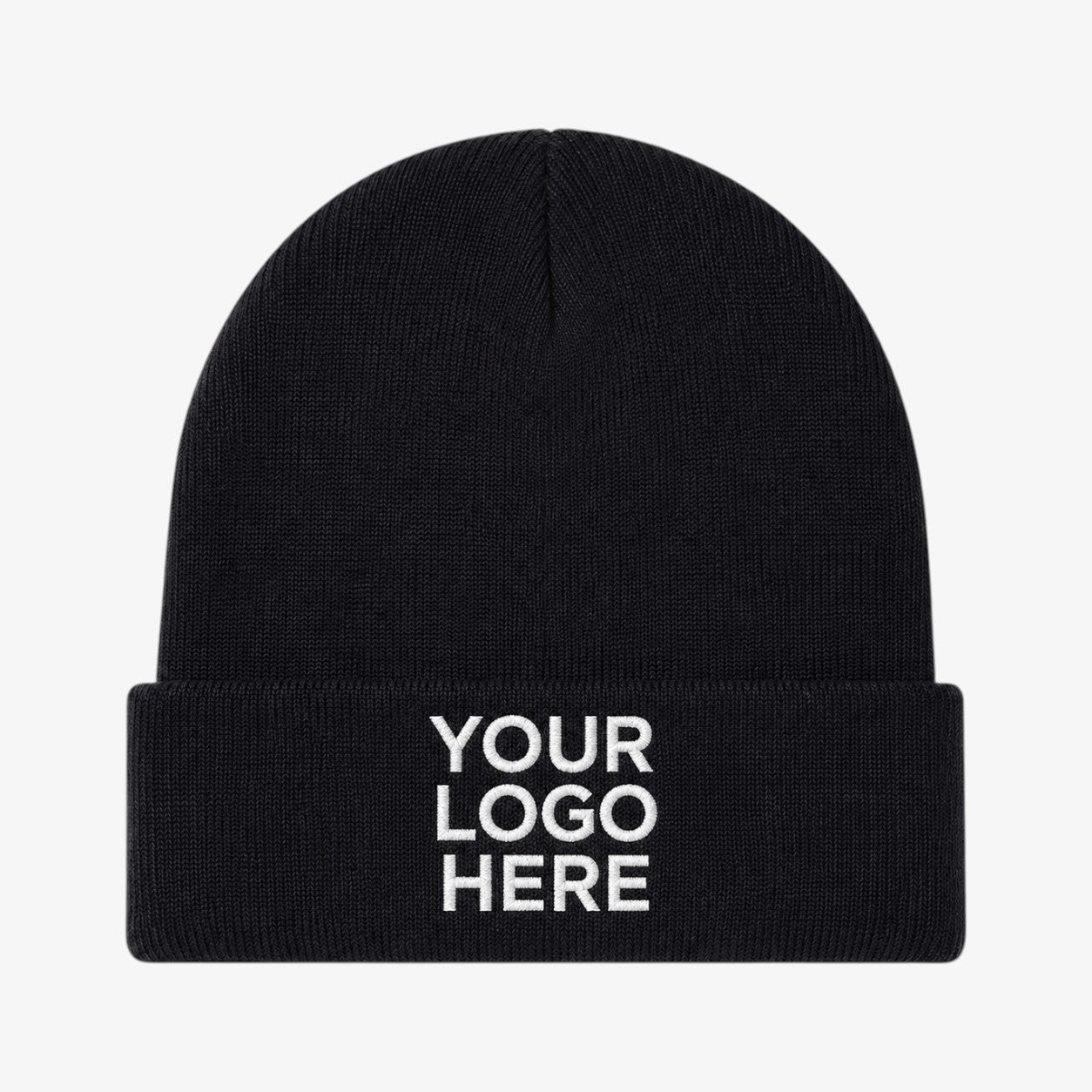 Black knit beanie with folded cuff and white embroidered text on the front