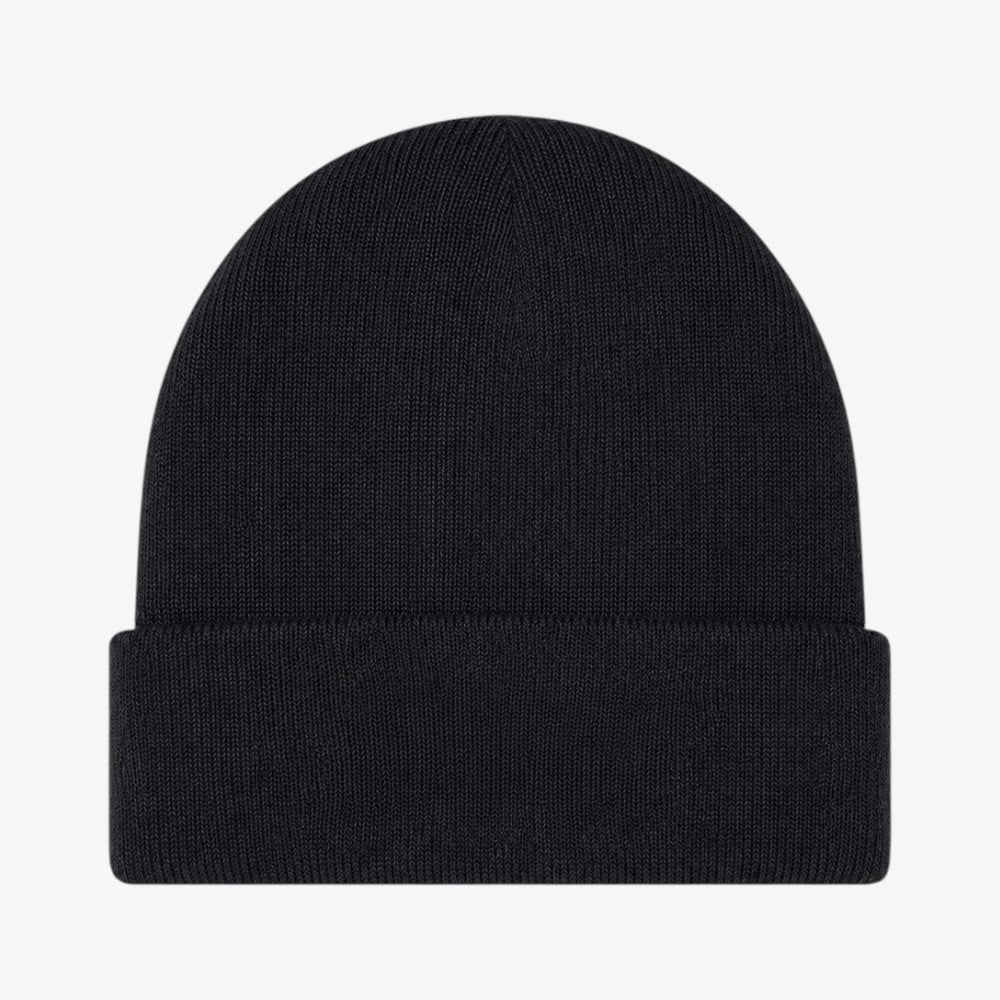 Black acrylic beanie with ribbed knit texture and folded cuff