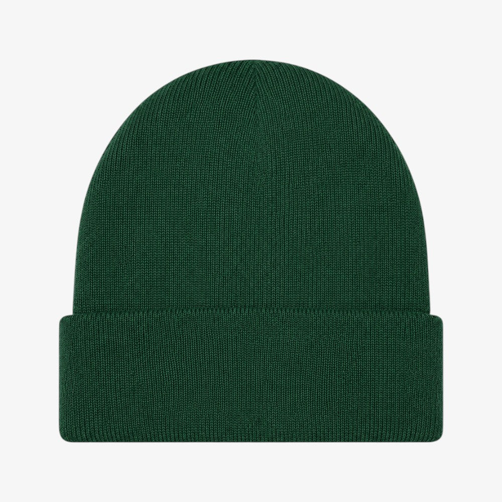Dark green acrylic beanie with ribbed knit texture and folded cuff