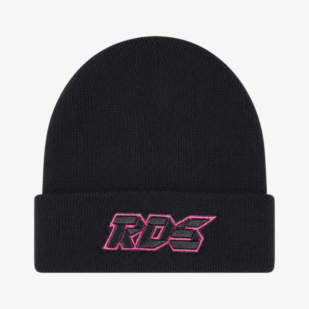 Black knit beanie with a folded cuff and bold pink-outlined embroidered logo on the front