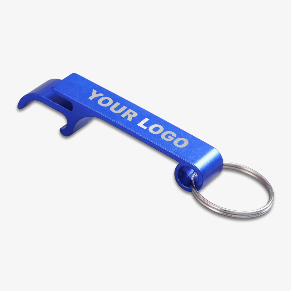 Blue personalized aluminum bottle opener with metal key ring for custom logo printing