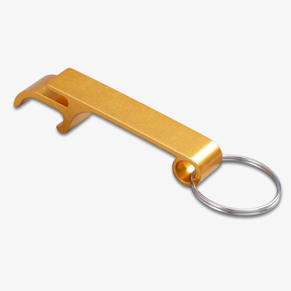 Aluminum bottle opener, brushed gold finish with attached silver key ring, portable flat bar design