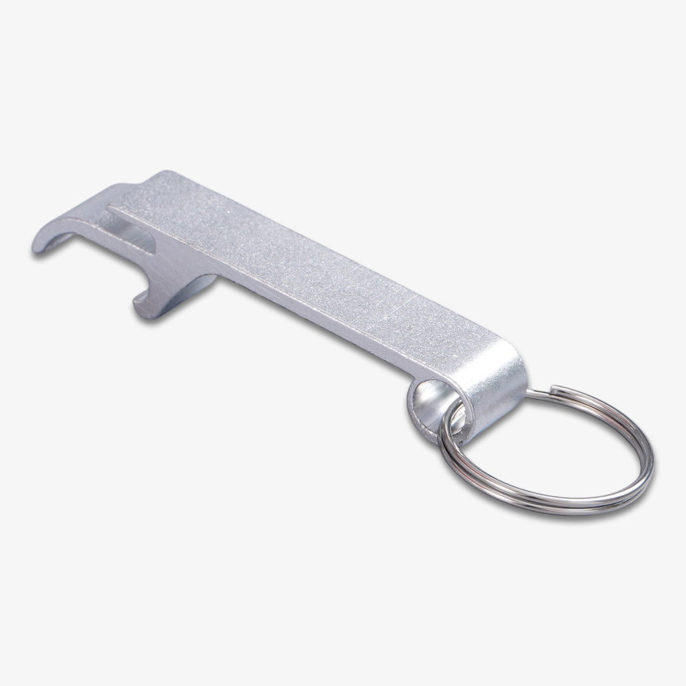 Aluminum bottle opener, silver matte finish with attached metal key ring, portable slim flat design