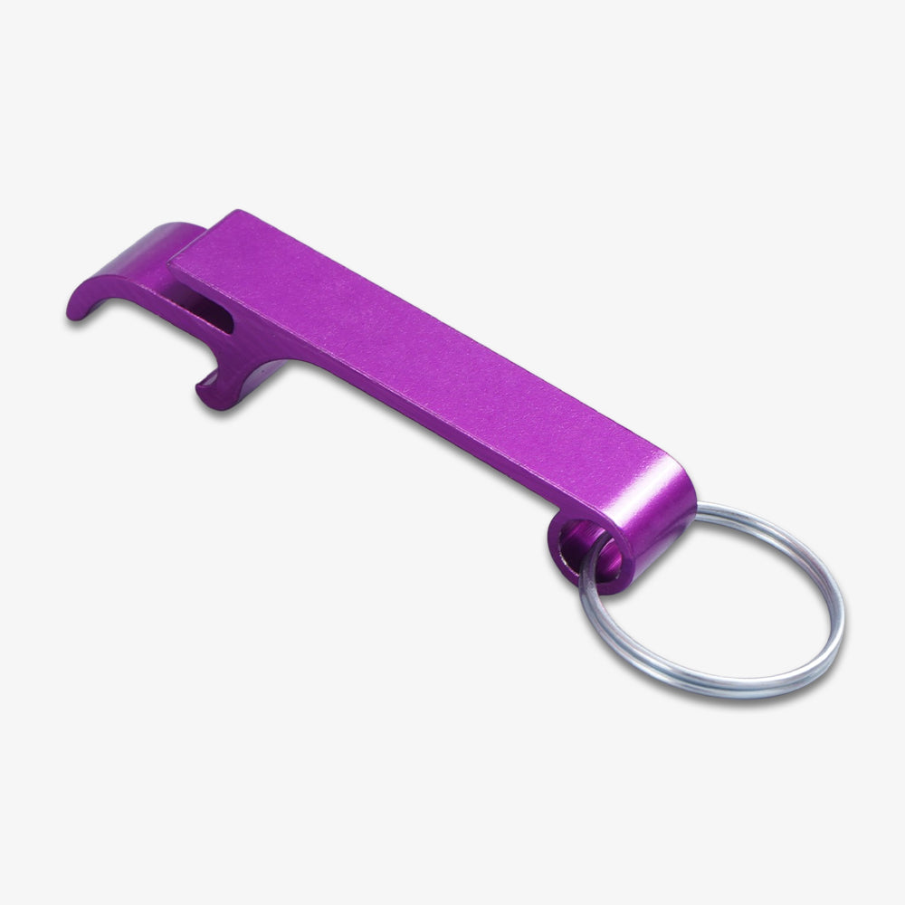 Bright purple aluminum bottle opener with silver key ring, portable flat bar design