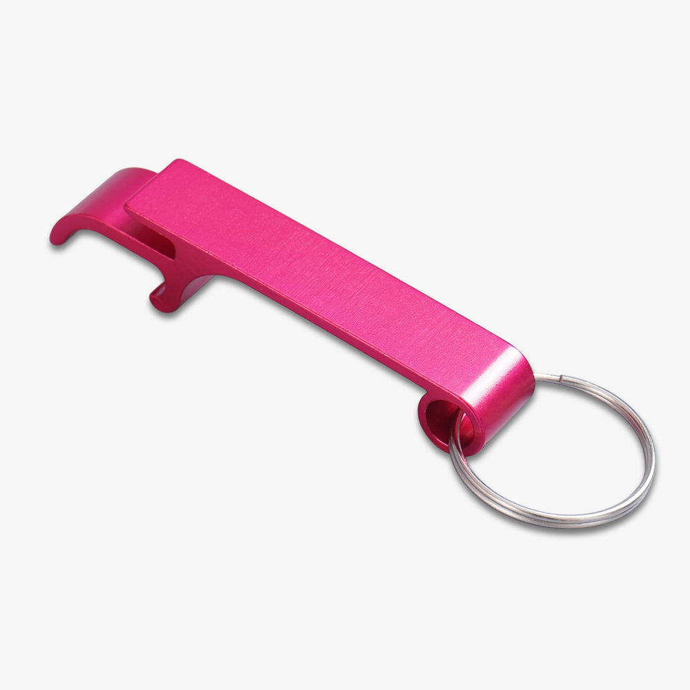 Bright fuchsia pink aluminum bottle opener with attached silver metal key ring, portable slim design