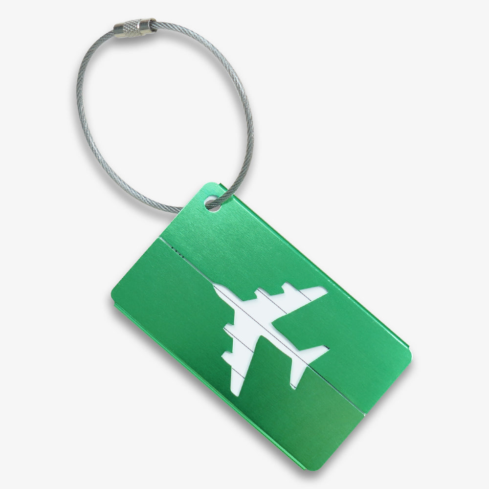 Green aluminum luggage tag with hollow airplane cutout and steel wire hanging loop