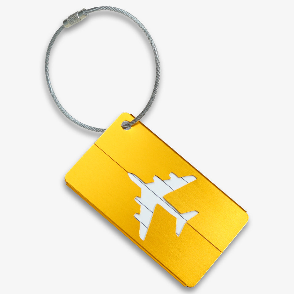 Gold aluminum luggage tag with hollow airplane cutout and silver steel wire hanging loop