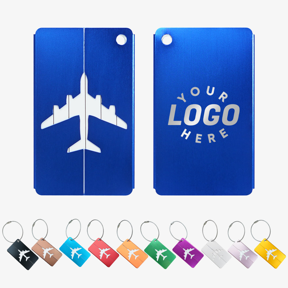 Aluminum luggage tags with airplane cutout, custom logo engraving available, multiple vibrant color options