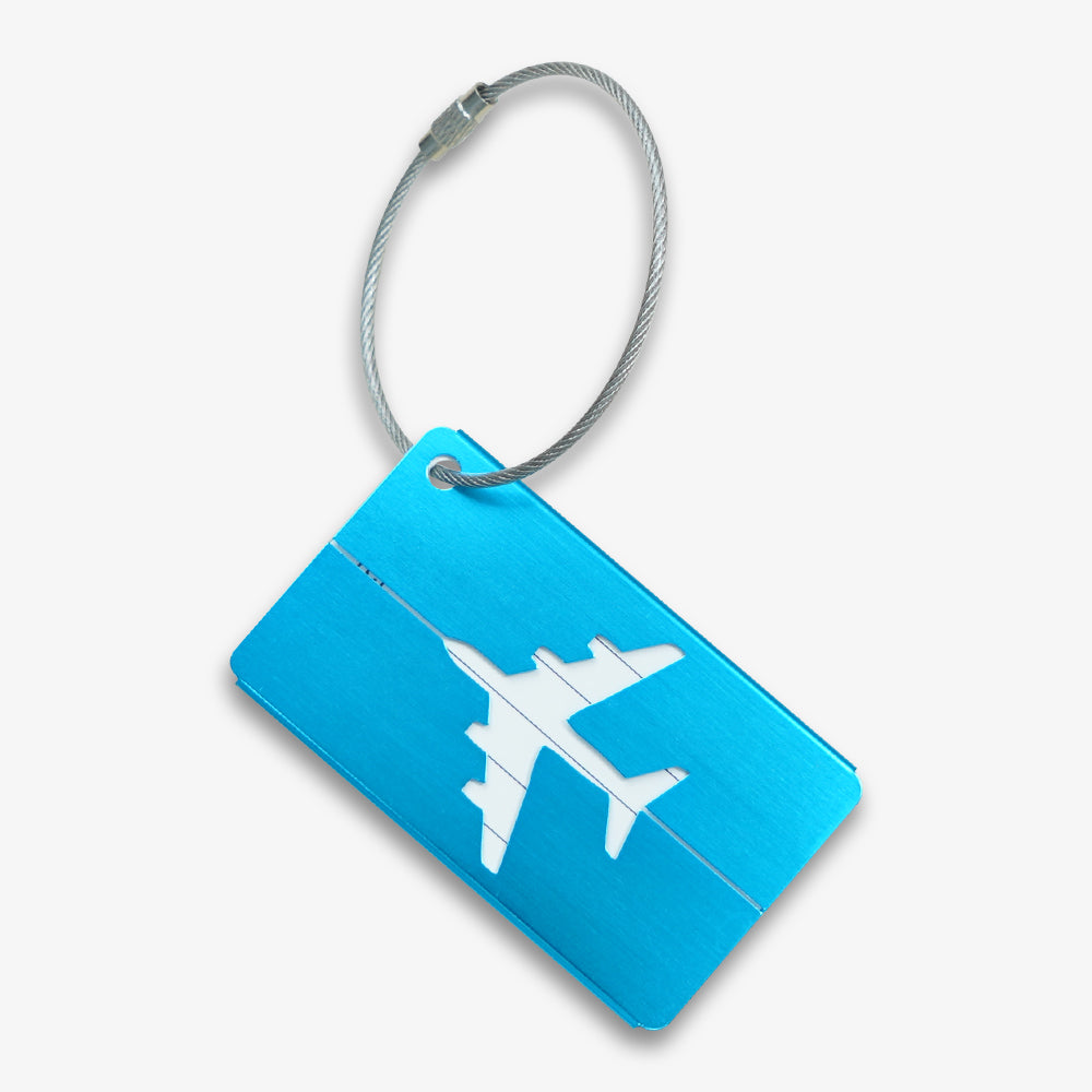 Brushed bright blue aluminum luggage tag with hollow airplane cutout and steel wire loop strap