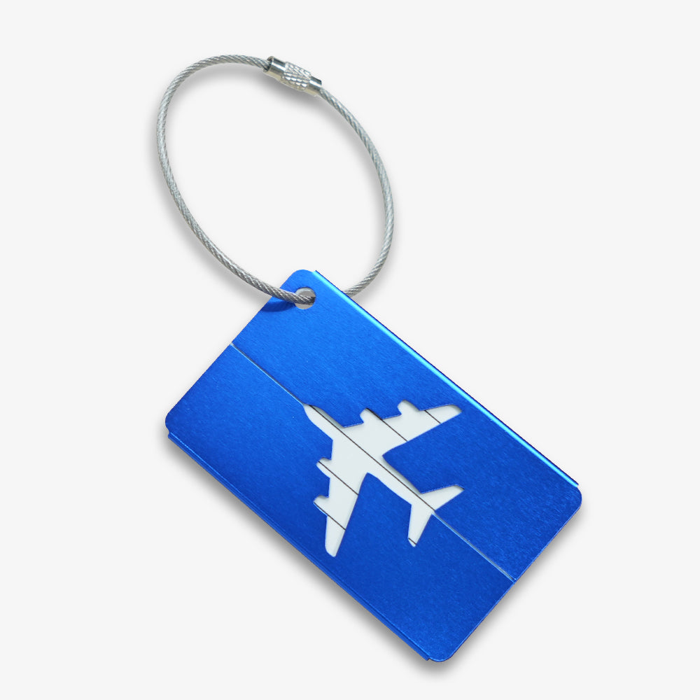 Blue aluminum luggage tag with hollow airplane cutout design and durable steel wire loop strap