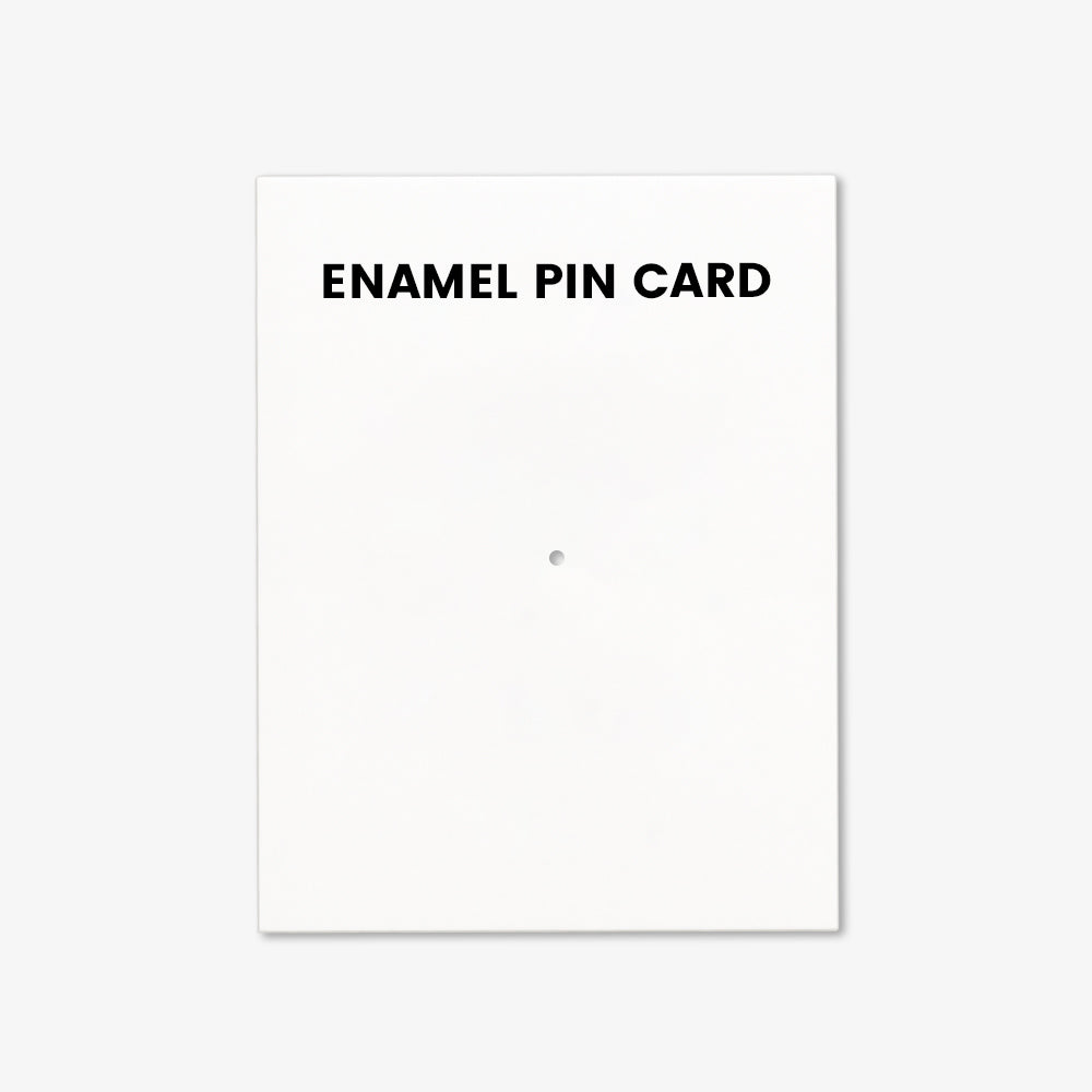 White rectangular enamel pin backing card with a centered mounting hole