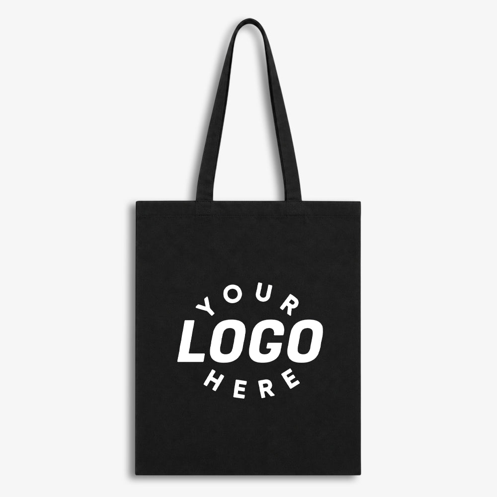 Black basic canvas tote bag with custom logo placeholder, sturdy long fabric carry handles