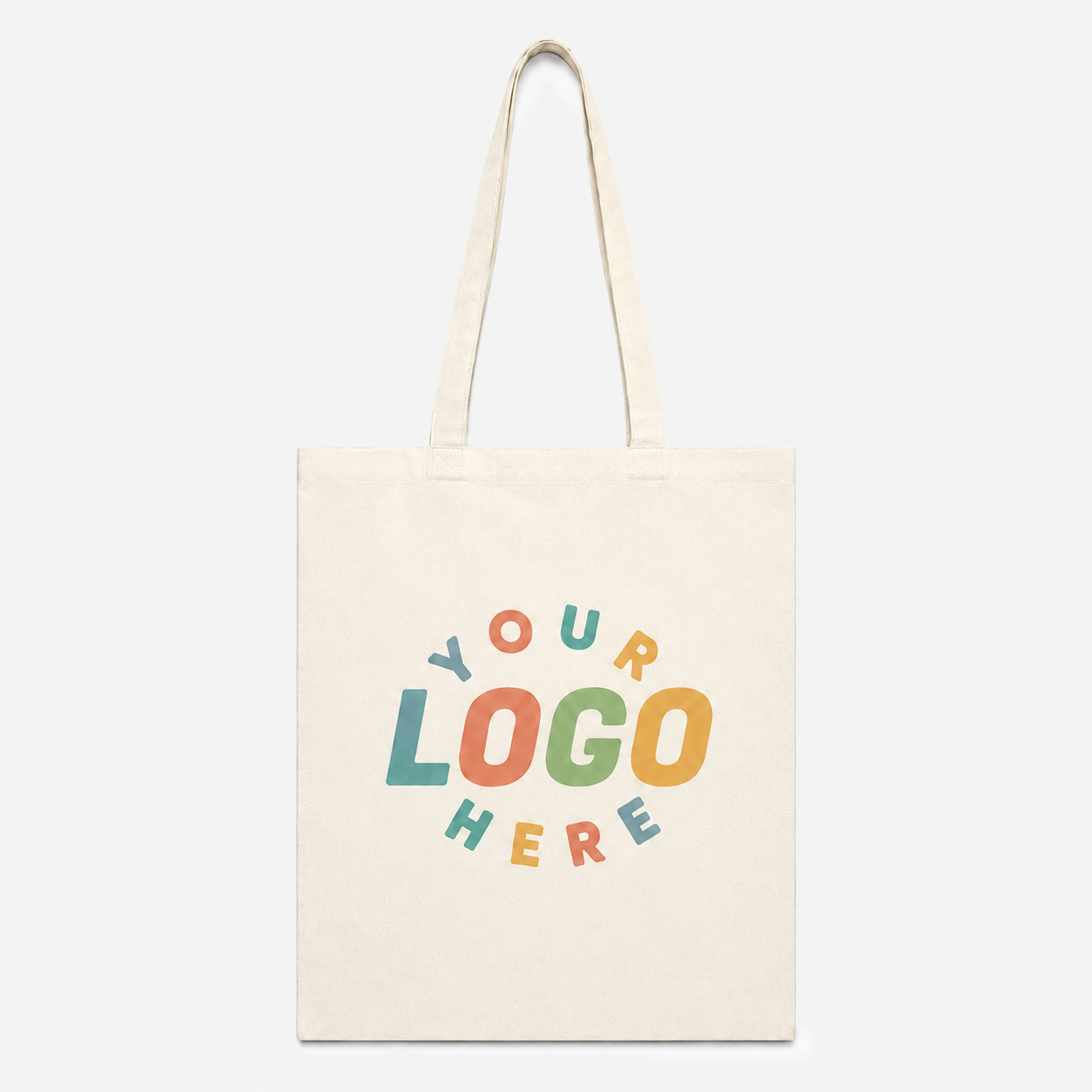 Basic natural off-white canvas tote bag with colorful customizable "Your Logo Here" print