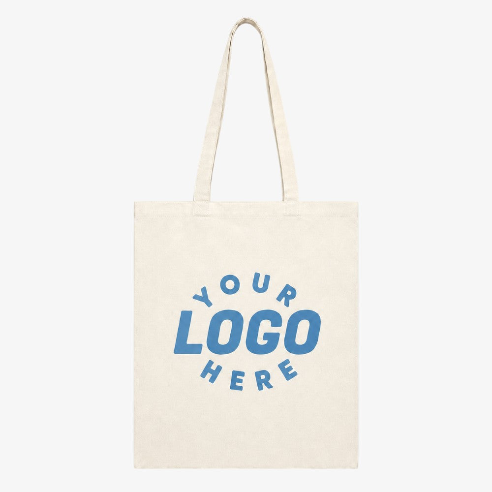 Basic off-white canvas tote bag with customizable blue "your logo here" print, reusable plain shopping bag