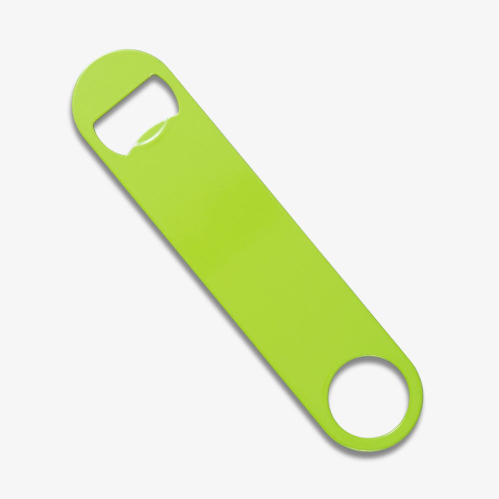 Bright lime green glossy blade bottle opener, flat long bar with bottle opening notch and hanging circular hole